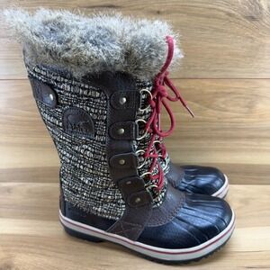 Sorel Tofino II Black Brown Snow Boots Womens 6 Waterproof Faux Fur